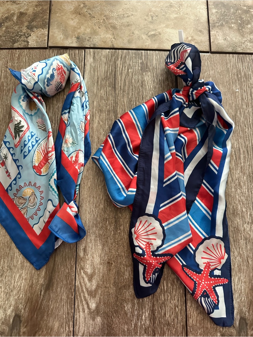 Two red, white & blue summer or patriotic scarves for hair, bags or neck wear.